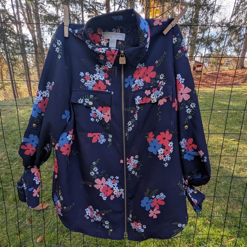 Michael Kors Navy Floral Full Zip Blouse